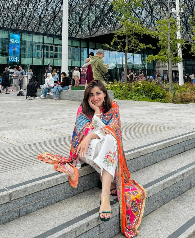 NIMRA MEHRA-3PC DHANAK EMBROIDERED SHIRT WITH WOOL PRINTED SHAWL & EMB TROUSER-SK-3418