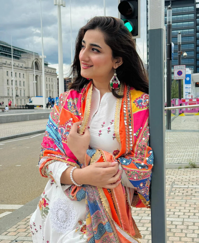 NIMRA MEHRA-3PC DHANAK EMBROIDERED SHIRT WITH WOOL PRINTED SHAWL & EMB TROUSER-SK-3418