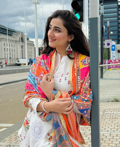 NIMRA MEHRA-3PC DHANAK EMBROIDERED SHIRT WITH WOOL PRINTED SHAWL & EMB TROUSER-SK-3418