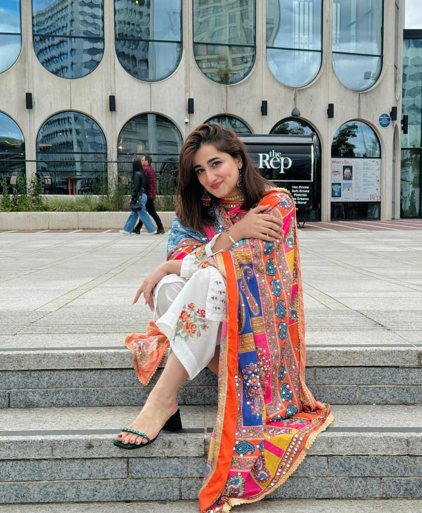 NIMRA MEHRA-3PC DHANAK EMBROIDERED SHIRT WITH WOOL PRINTED SHAWL & EMB TROUSER-SK-3418