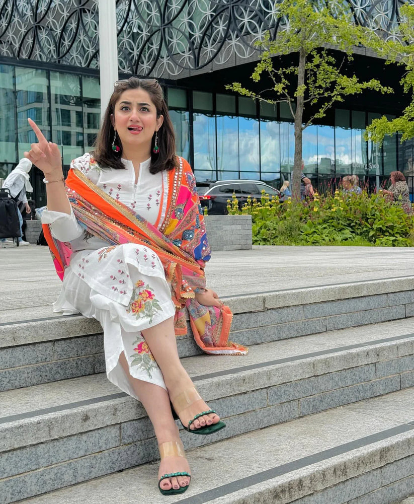 NIMRA MEHRA-3PC DHANAK EMBROIDERED SHIRT WITH WOOL PRINTED SHAWL & EMB TROUSER-SK-3418