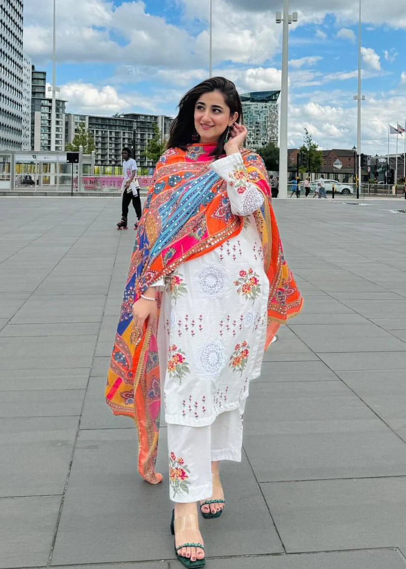 NIMRA MEHRA-3PC DHANAK EMBROIDERED SHIRT WITH WOOL PRINTED SHAWL & EMB TROUSER-SK-3418