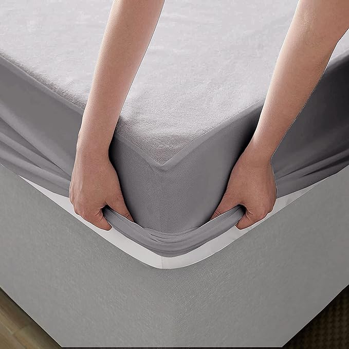Terry Cotton Ultra Soft Waterproof Mattress Protector | Grey Color | for Kids Adults | Washable Hypoallergenic Mattresses Cover Fit Up To 6-12 inch Deep Pocket Queen & King Size
